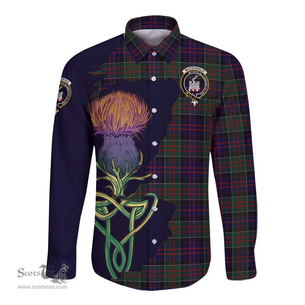 Scottish MacDonald of Clan Ranald Clan Tartan Crest with Thistle and Scotland Map Tartan Long Sleeve Shirt Scottish Plaid Tartan Plaid - ScotsTee - scotstee.com