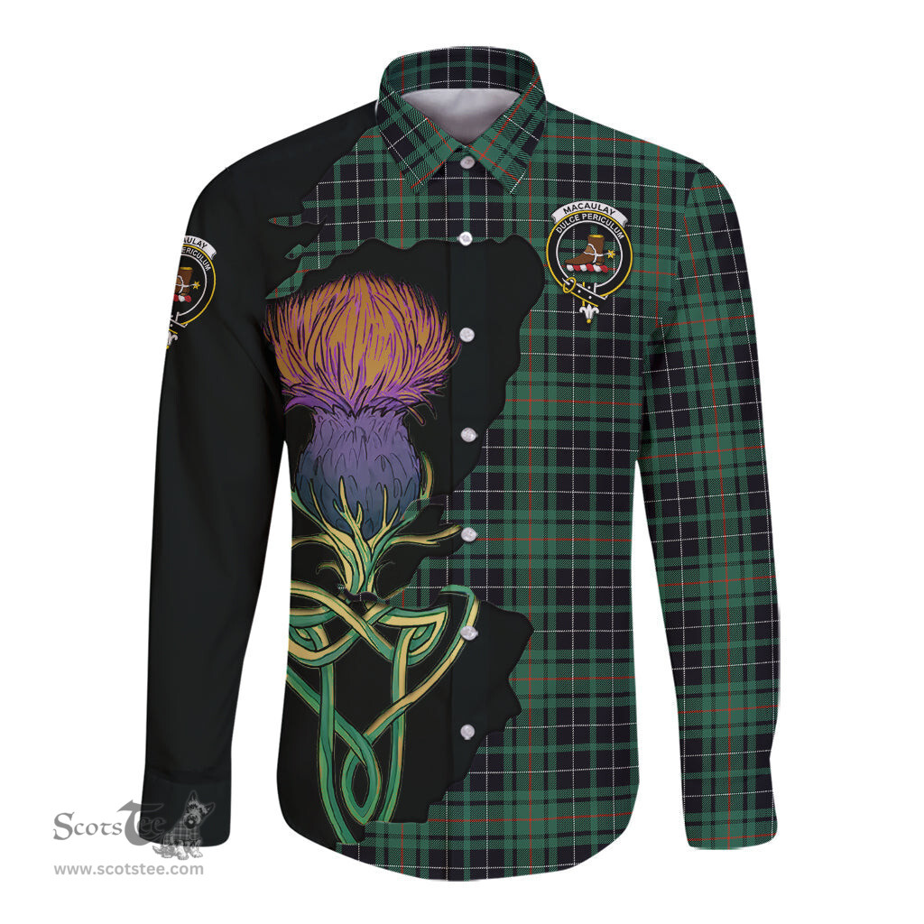 Scottish MacAulay Hunting Ancient Clan Tartan Crest with Thistle and Scotland Map Tartan Long Sleeve Shirt Scottish Plaid Tartan Plaid - ScotsTee - scotstee.com
