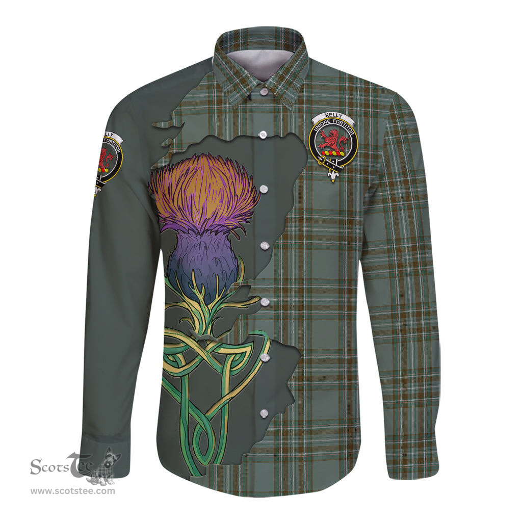 Scottish Kelly Dress Clan Tartan Crest with Thistle and Scotland Map Tartan Long Sleeve Shirt Scottish Plaid Tartan Plaid - ScotsTee - scotstee.com