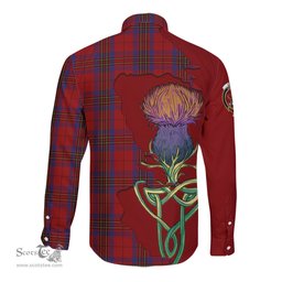Scottish Leslie Red Clan Tartan Crest with Thistle and Scotland Map Tartan Long Sleeve Shirt Scottish Plaid Tartan Plaid - ScotsTee - scotstee.com