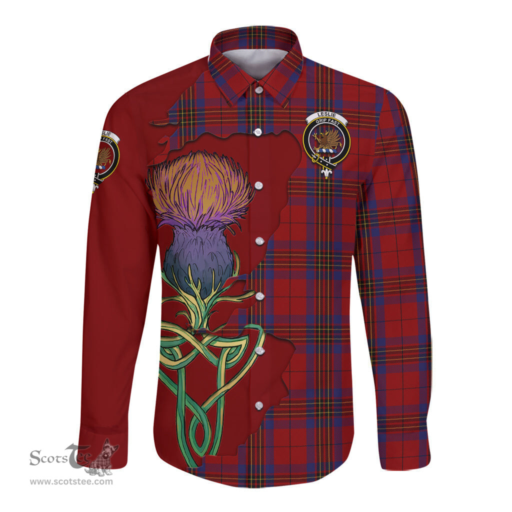 Scottish Leslie Red Clan Tartan Crest with Thistle and Scotland Map Tartan Long Sleeve Shirt Scottish Plaid Tartan Plaid - ScotsTee - scotstee.com
