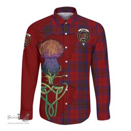 Scottish Leslie Red Clan Tartan Crest with Thistle and Scotland Map Tartan Long Sleeve Shirt Scottish Plaid Tartan Plaid - ScotsTee - scotstee.com