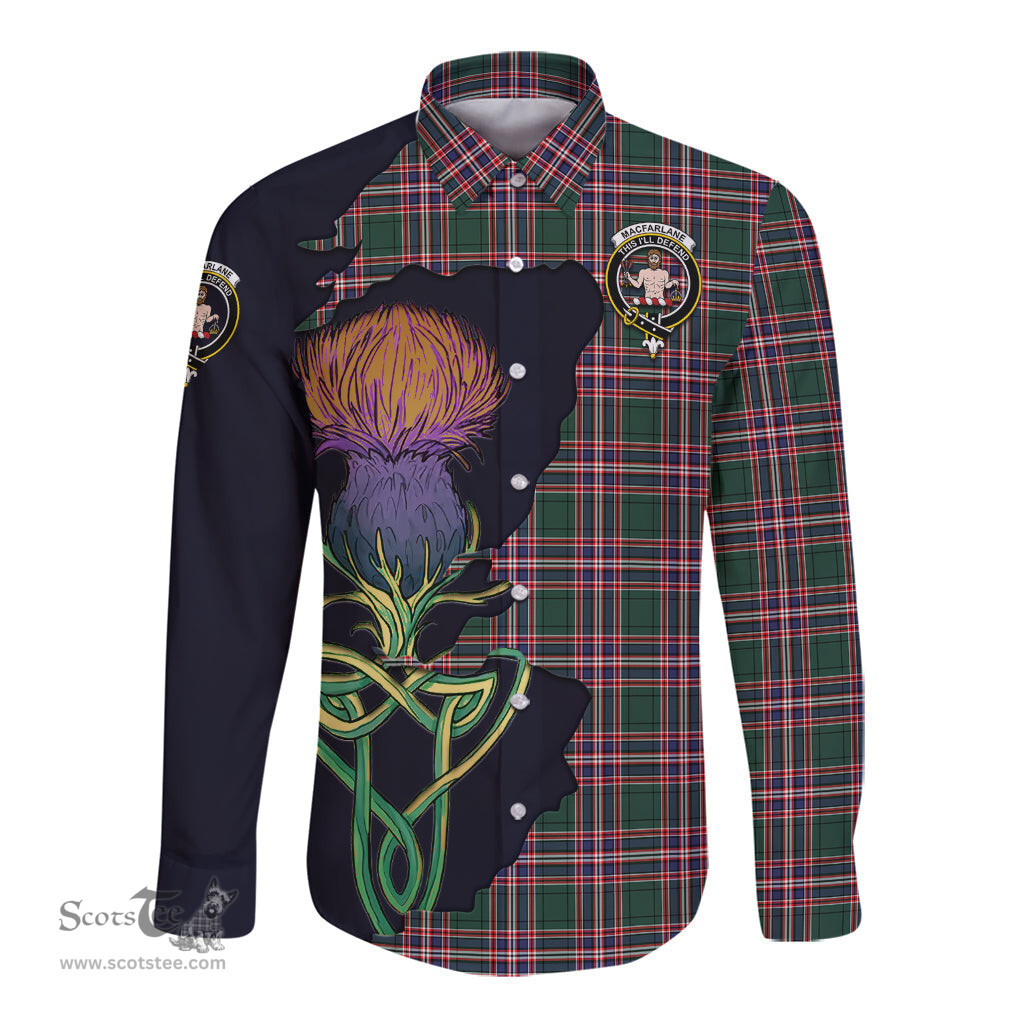 Scottish MacFarlane Hunting Modern Clan Tartan Crest with Thistle and Scotland Map Tartan Long Sleeve Shirt Scottish Plaid Tartan Plaid - ScotsTee - scotstee.com