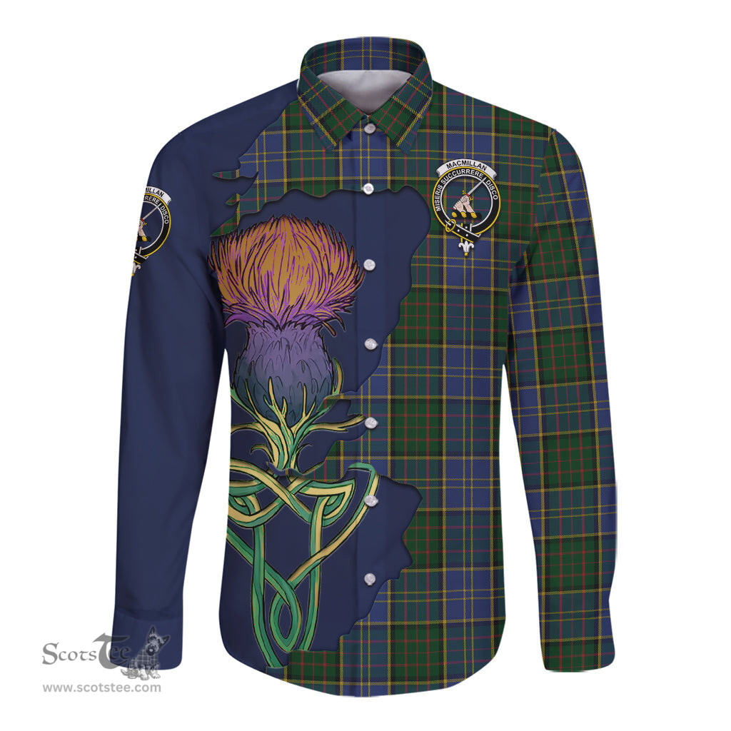 Scottish MacMillan Hunting Clan Tartan Crest with Thistle and Scotland Map Tartan Long Sleeve Shirt Scottish Plaid Tartan Plaid - ScotsTee - scotstee.com