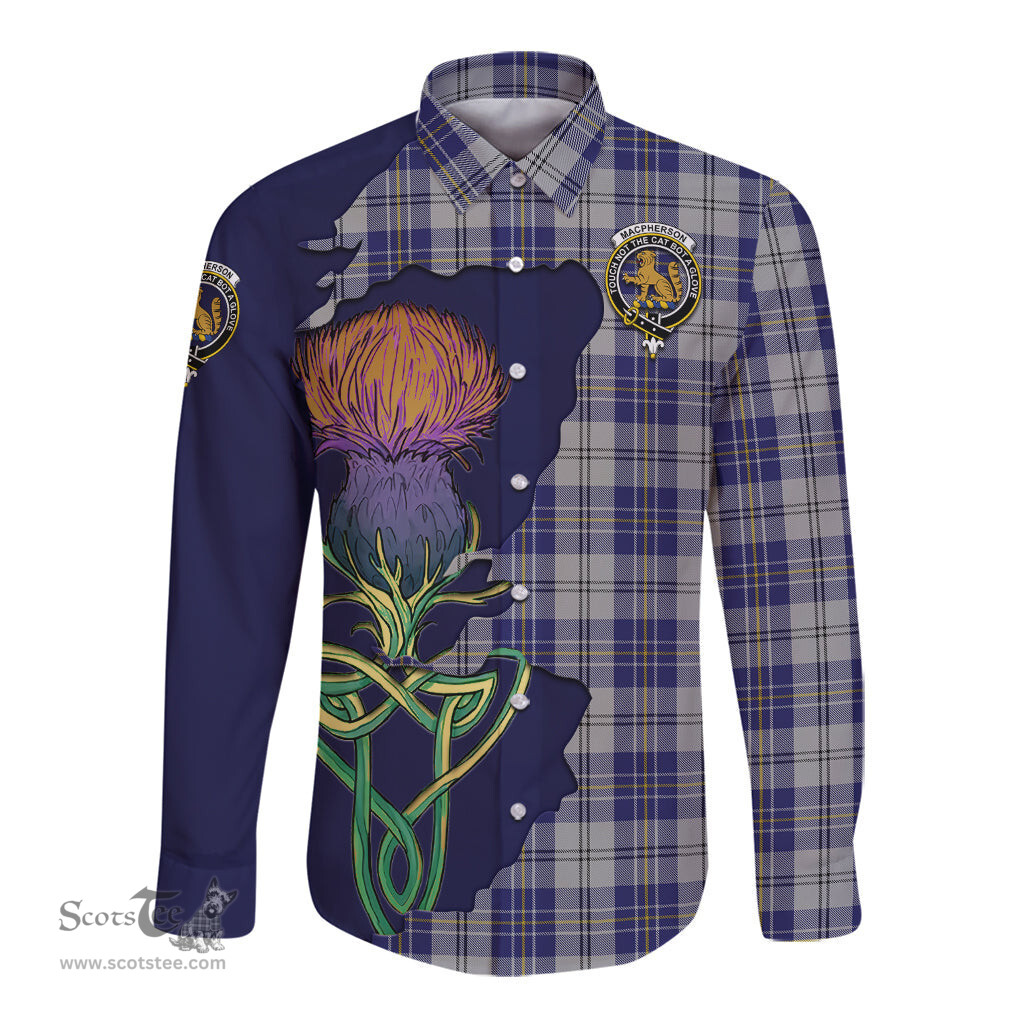 Scottish MacPherson Dress Blue Clan Tartan Crest with Thistle and Scotland Map Tartan Long Sleeve Shirt Scottish Plaid Tartan Plaid - ScotsTee - scotstee.com