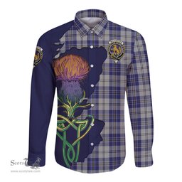 Scottish MacPherson Dress Blue Clan Tartan Crest with Thistle and Scotland Map Tartan Long Sleeve Shirt Scottish Plaid Tartan Plaid - ScotsTee - scotstee.com