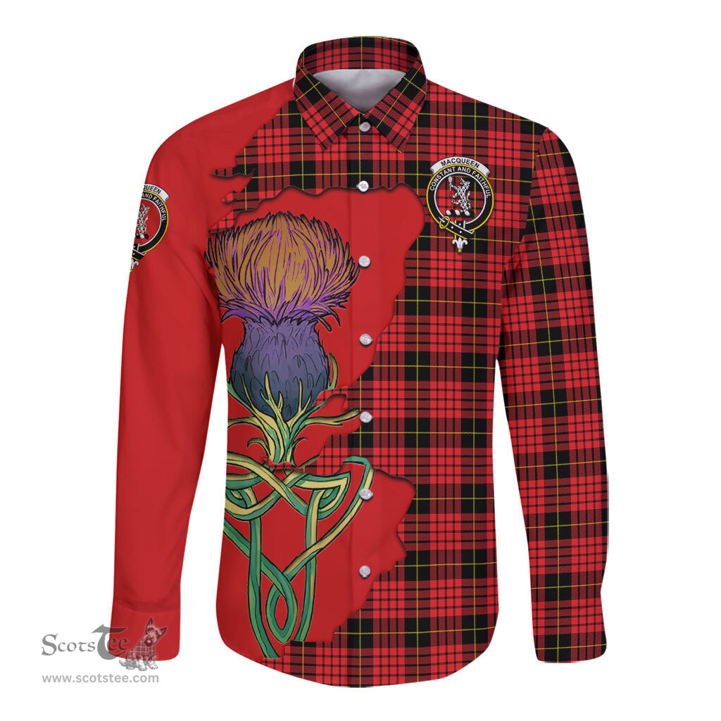 Scottish MacQueen Modern Clan Tartan Crest with Thistle and Scotland Map Tartan Long Sleeve Shirt Scottish Plaid Tartan Plaid - ScotsTee - scotstee.com