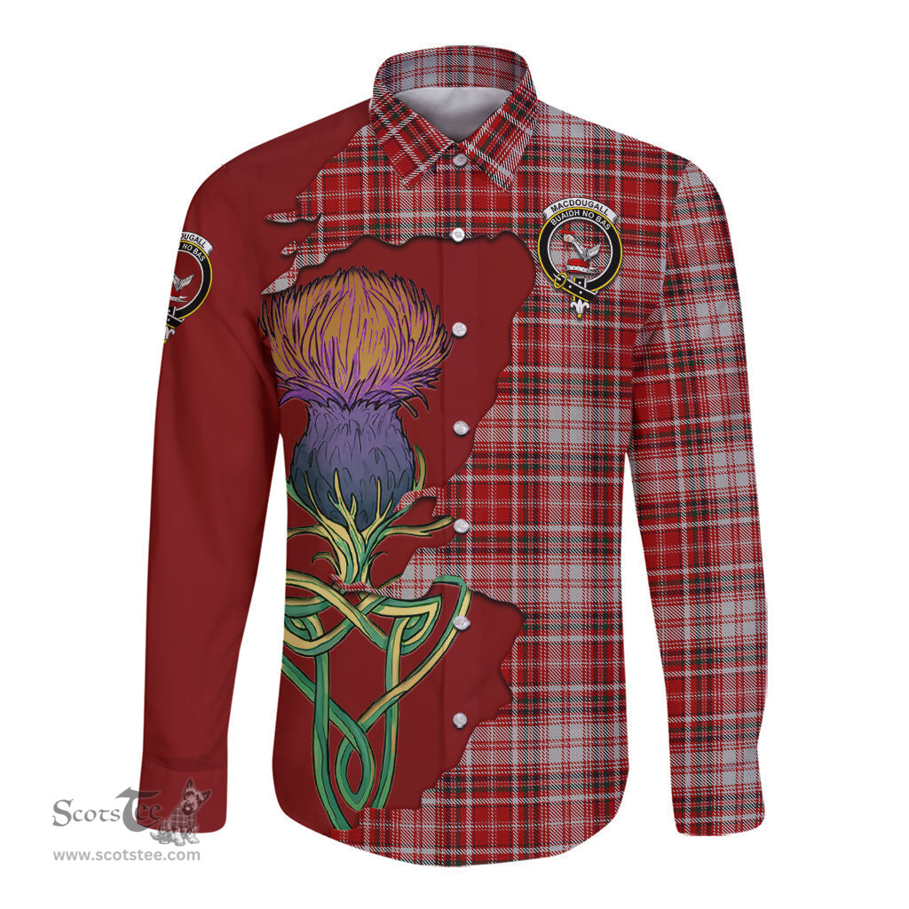 Scottish MacDougall Dress Clan Tartan Crest with Thistle and Scotland Map Tartan Long Sleeve Shirt Scottish Plaid Tartan Plaid - ScotsTee - scotstee.com