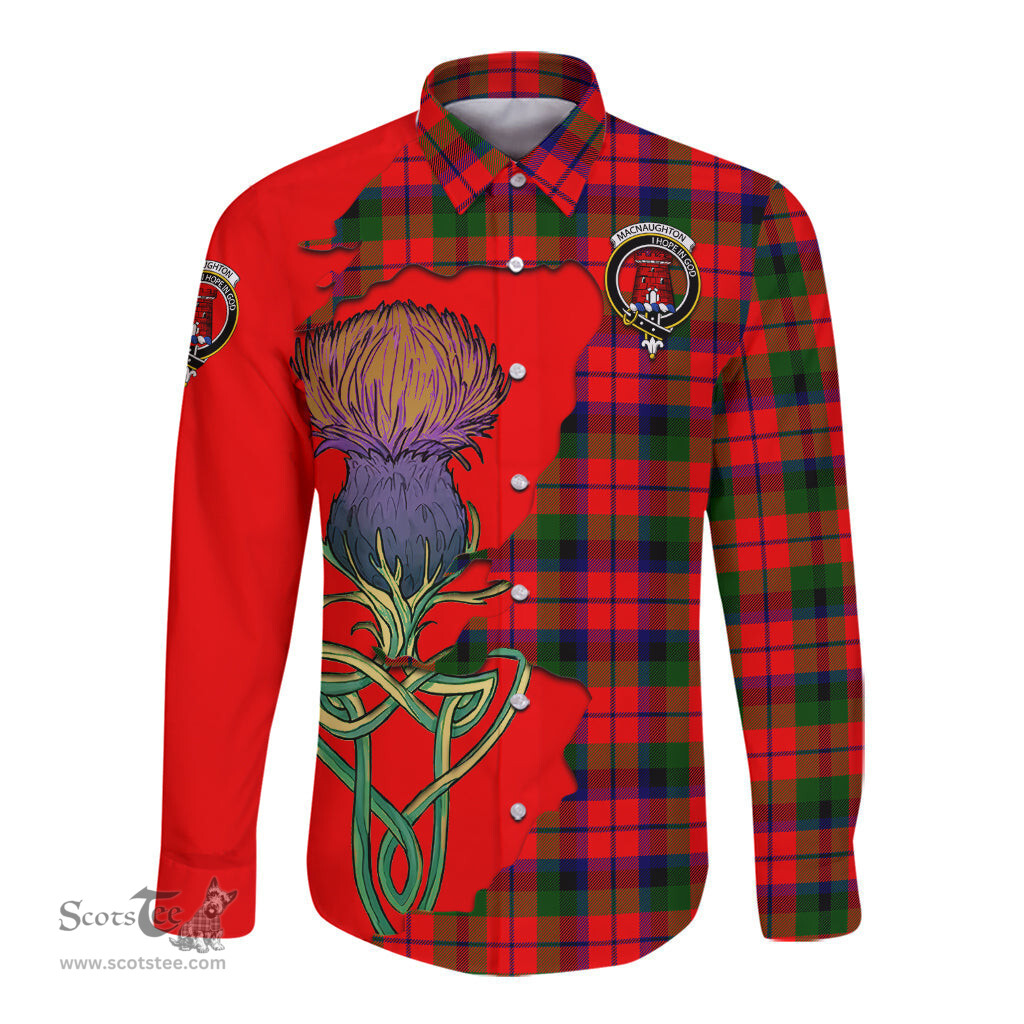 Scottish MacNaughton Modern Clan Tartan Crest with Thistle and Scotland Map Tartan Long Sleeve Shirt Scottish Plaid Tartan Plaid - ScotsTee - scotstee.com