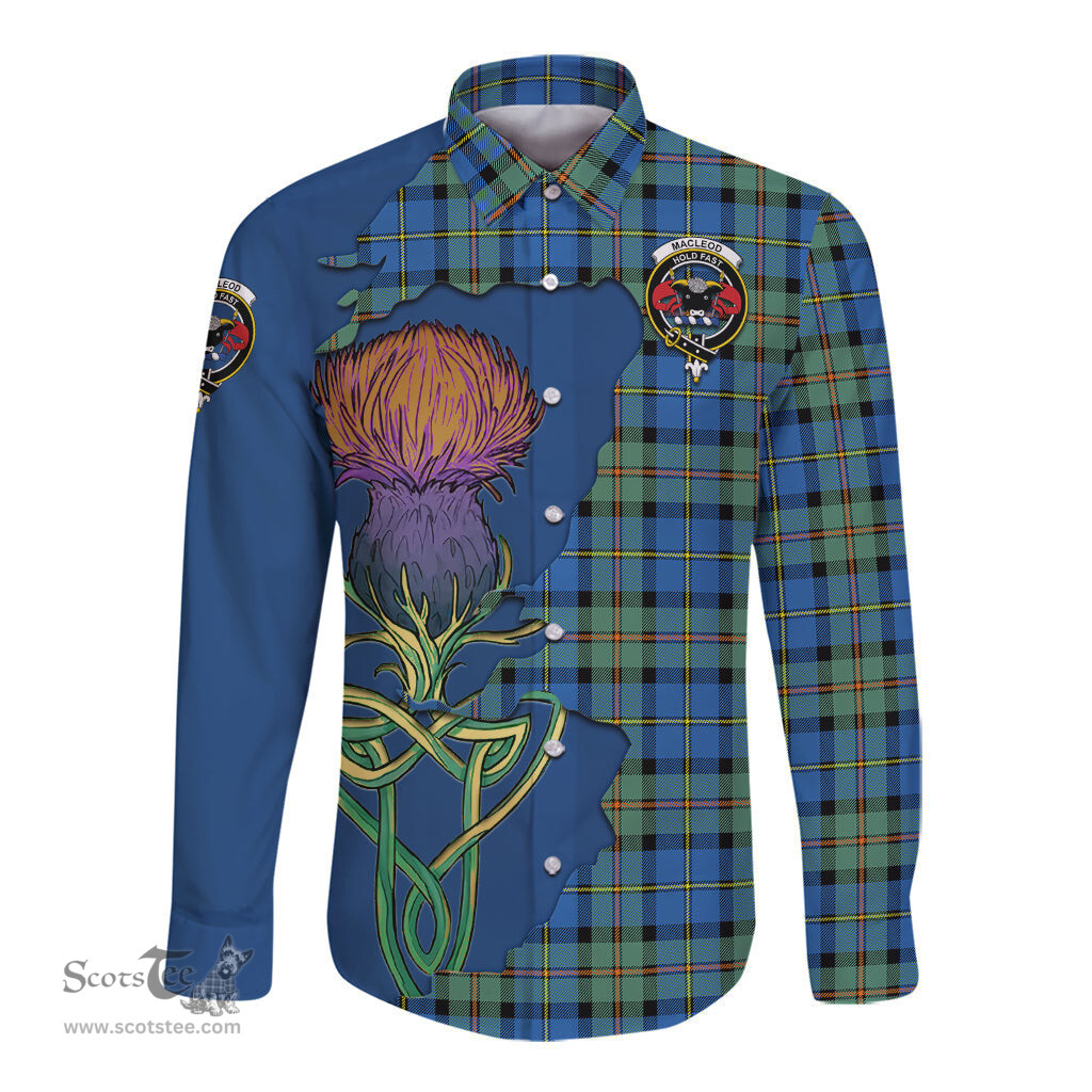 Scottish MacLeod of Harris Ancient Clan Tartan Crest with Thistle and Scotland Map Tartan Long Sleeve Shirt Scottish Plaid Tartan Plaid - ScotsTee - scotstee.com