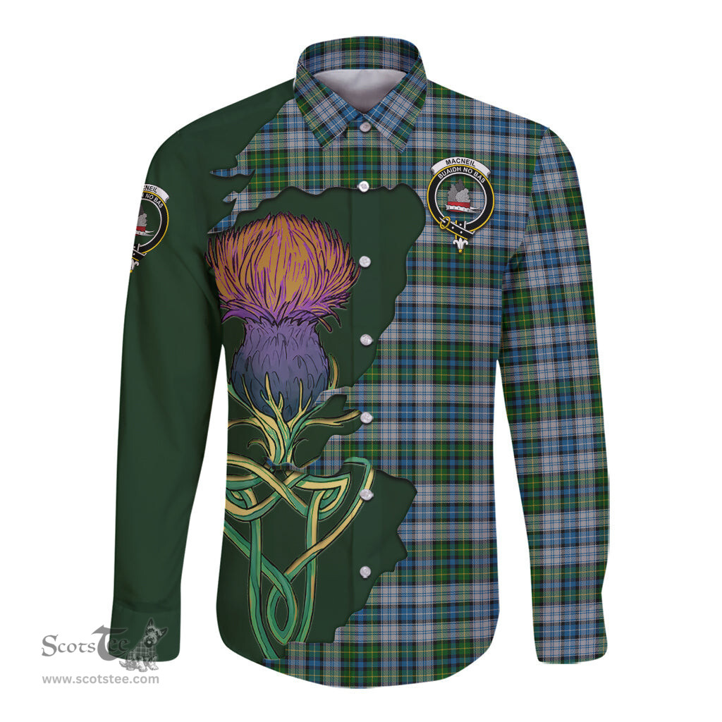 Scottish MacNeil Dress Clan Tartan Crest with Thistle and Scotland Map Tartan Long Sleeve Shirt Scottish Plaid Tartan Plaid - ScotsTee - scotstee.com