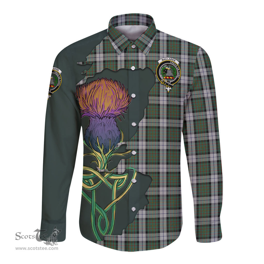 Scottish MacLaren Dress Clan Tartan Crest with Thistle and Scotland Map Tartan Long Sleeve Shirt Scottish Plaid Tartan Plaid - ScotsTee - scotstee.com