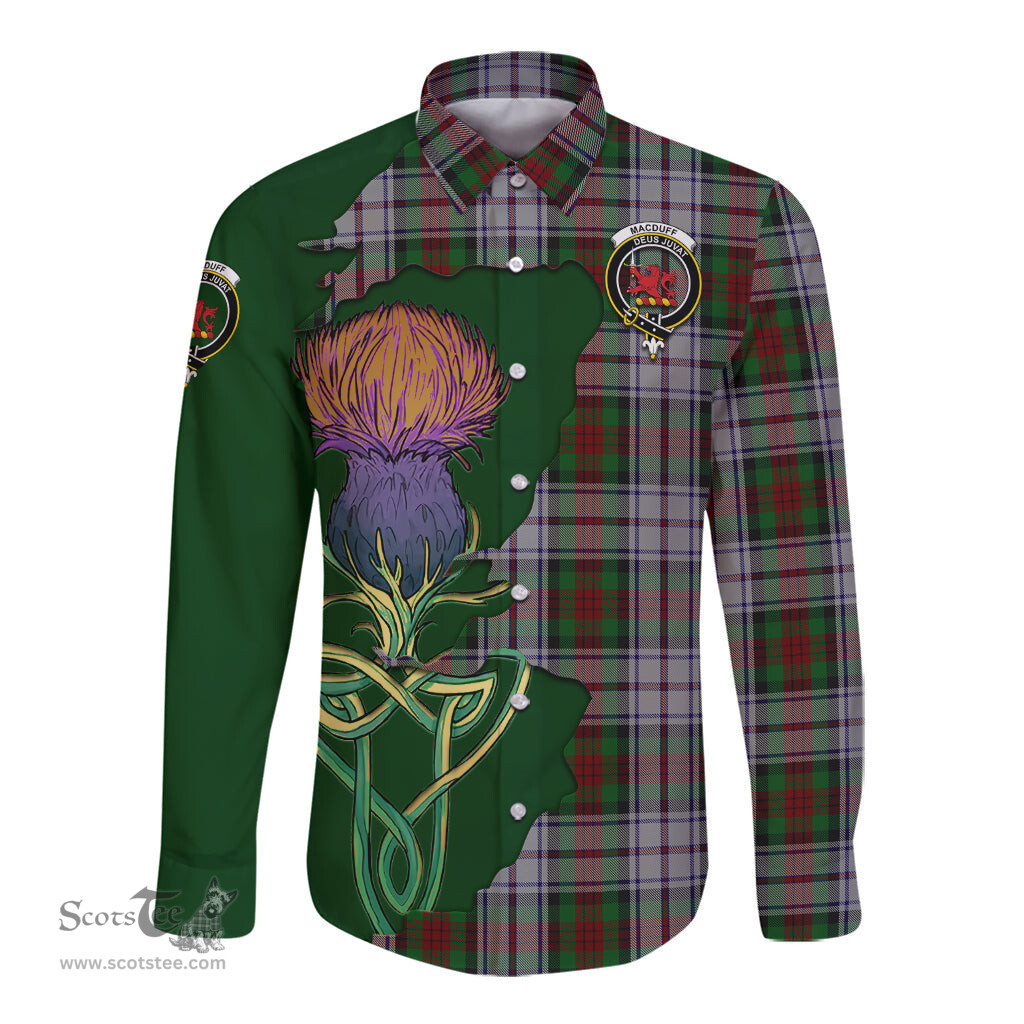 Scottish MacDuff Dress Clan Tartan Crest with Thistle and Scotland Map Tartan Long Sleeve Shirt Scottish Plaid Tartan Plaid - ScotsTee - scotstee.com