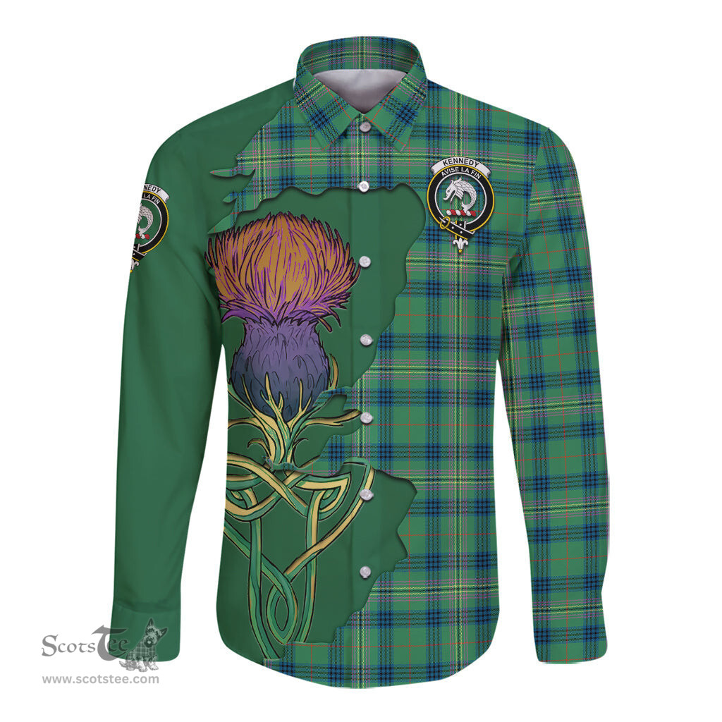 Scottish Kennedy Ancient Clan Tartan Crest with Thistle and Scotland Map Tartan Long Sleeve Shirt Scottish Plaid Tartan Plaid - ScotsTee - scotstee.com