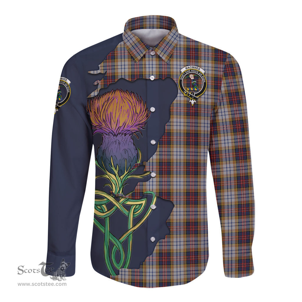 Scottish MacInnes Ancient Hunting Clan Tartan Crest with Thistle and Scotland Map Tartan Long Sleeve Shirt Scottish Plaid Tartan Plaid - ScotsTee - scotstee.com