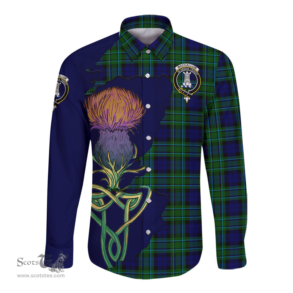 Scottish MacCallum Modern Clan Tartan Crest with Thistle and Scotland Map Tartan Long Sleeve Shirt Scottish Plaid Tartan Plaid - ScotsTee - scotstee.com
