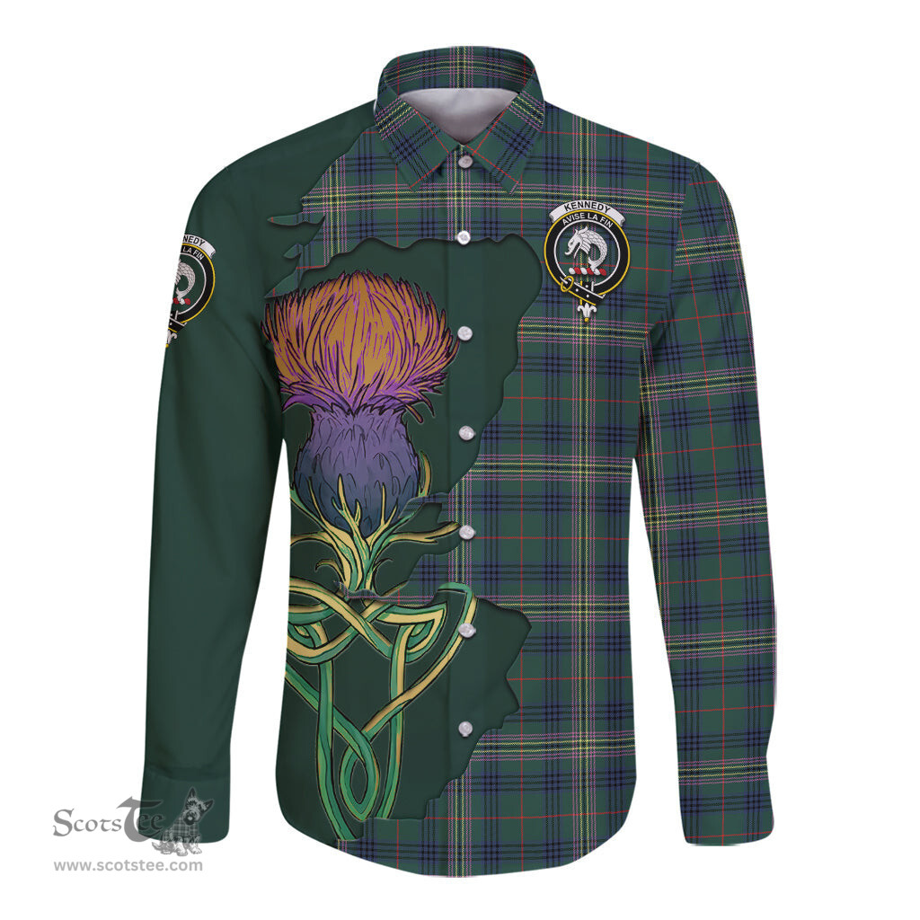 Scottish Kennedy Modern Clan Tartan Crest with Thistle and Scotland Map Tartan Long Sleeve Shirt Scottish Plaid Tartan Plaid - ScotsTee - scotstee.com