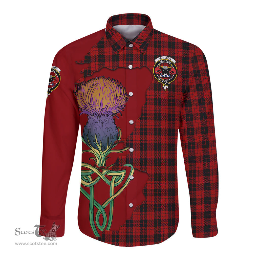 Scottish MacLeod Black and Red Clan Tartan Crest with Thistle and Scotland Map Tartan Long Sleeve Shirt Scottish Plaid Tartan Plaid - ScotsTee - scotstee.com