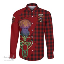 Scottish MacLeod Black and Red Clan Tartan Crest with Thistle and Scotland Map Tartan Long Sleeve Shirt Scottish Plaid Tartan Plaid - ScotsTee - scotstee.com