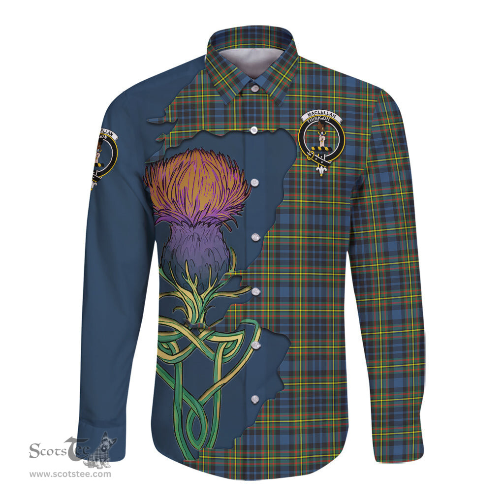 Scottish MacLellan Ancient Clan Tartan Crest with Thistle and Scotland Map Tartan Long Sleeve Shirt Scottish Plaid Tartan Plaid - ScotsTee - scotstee.com