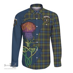 Scottish MacLellan Ancient Clan Tartan Crest with Thistle and Scotland Map Tartan Long Sleeve Shirt Scottish Plaid Tartan Plaid - ScotsTee - scotstee.com