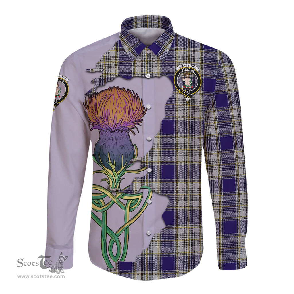 Scottish Livingston Dress Clan Tartan Crest with Thistle and Scotland Map Tartan Long Sleeve Shirt Scottish Plaid Tartan Plaid - ScotsTee - scotstee.com