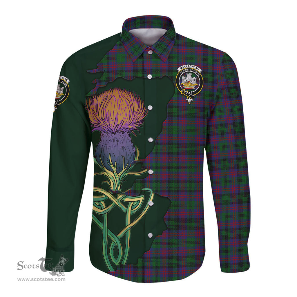Scottish MacLachlan Hunting Clan Tartan Crest with Thistle and Scotland Map Tartan Long Sleeve Shirt Scottish Plaid Tartan Plaid - ScotsTee - scotstee.com
