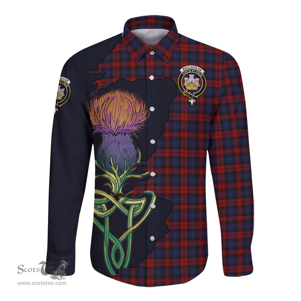 Scottish MacLachlan Clan Tartan Crest with Thistle and Scotland Map Tartan Long Sleeve Shirt Scottish Plaid Tartan Plaid - ScotsTee - scotstee.com