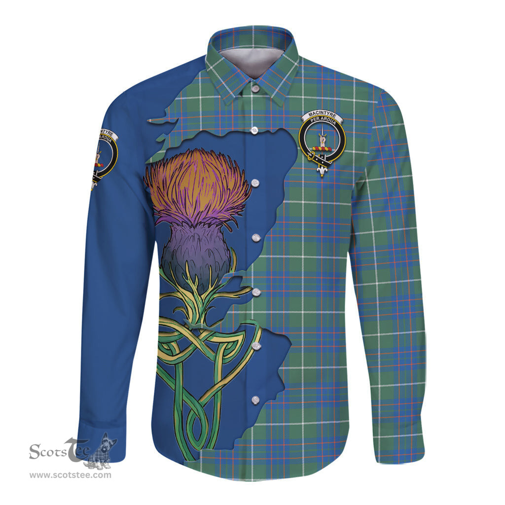 Scottish MacIntyre Hunting Ancient Clan Tartan Crest with Thistle and Scotland Map Tartan Long Sleeve Shirt Scottish Plaid Tartan Plaid - ScotsTee - scotstee.com