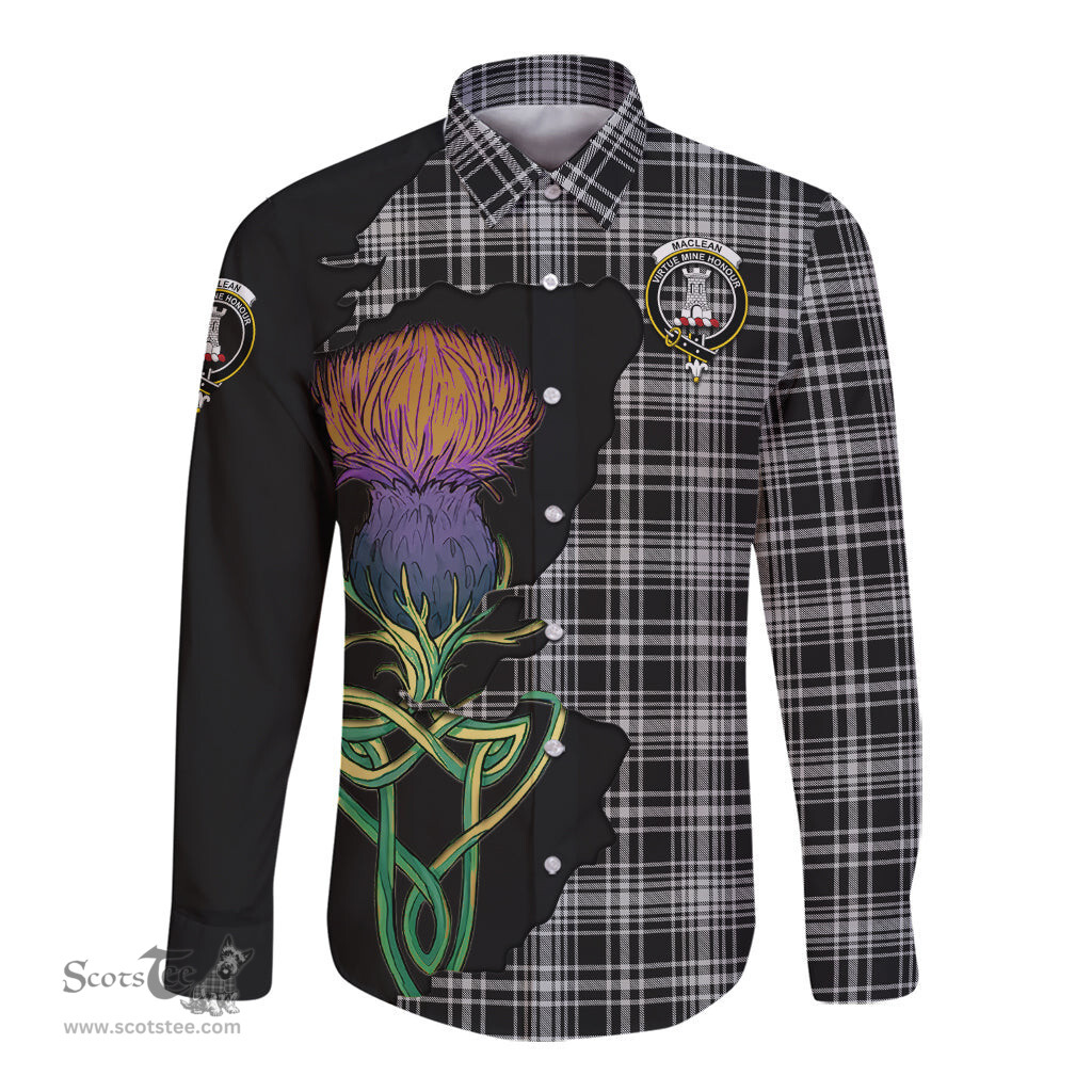 Scottish MacLean Black and White Clan Tartan Crest with Thistle and Scotland Map Tartan Long Sleeve Shirt Scottish Plaid Tartan Plaid - ScotsTee - scotstee.com