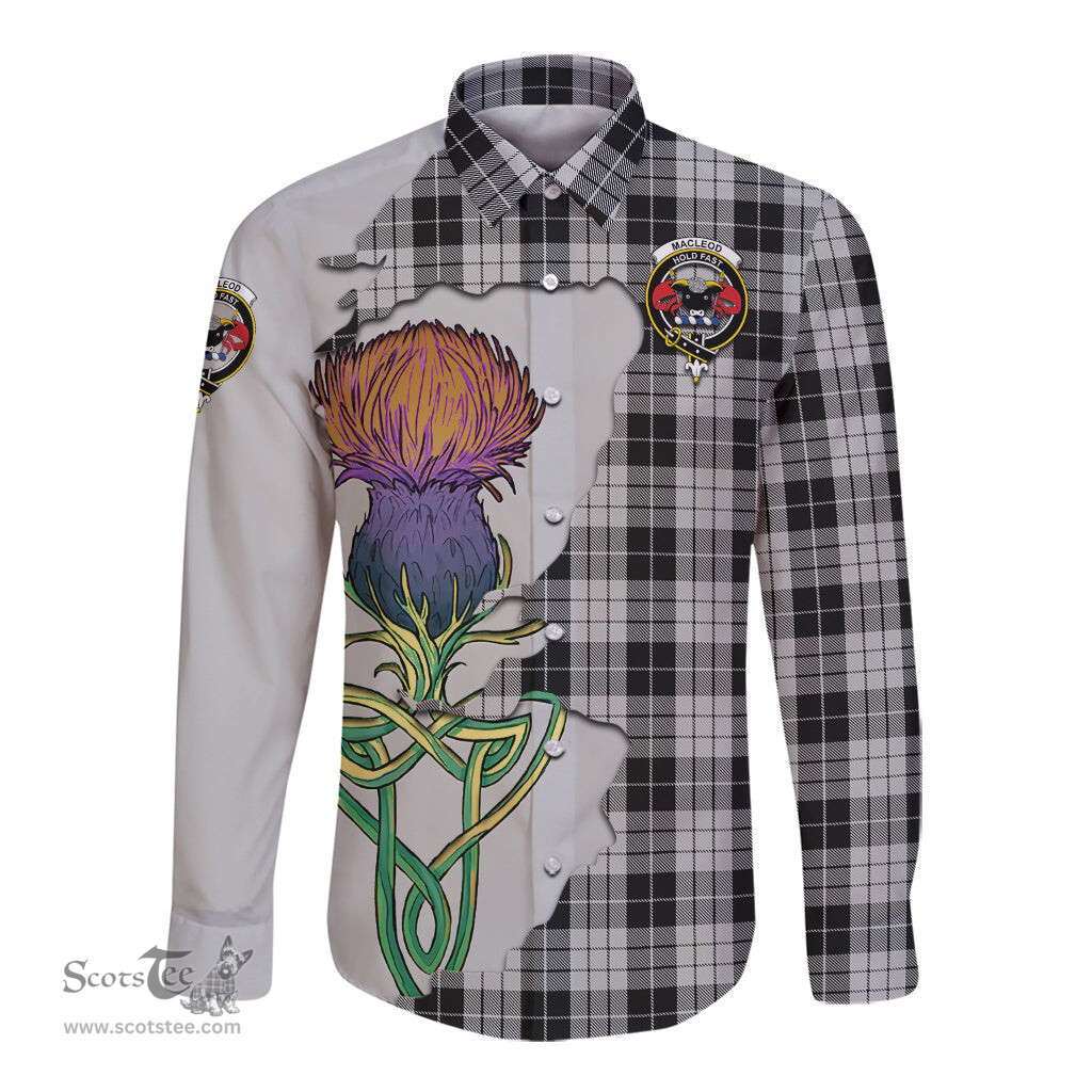 Scottish MacLeod Black and White Clan Tartan Crest with Thistle and Scotland Map Tartan Long Sleeve Shirt Scottish Plaid Tartan Plaid - ScotsTee - scotstee.com