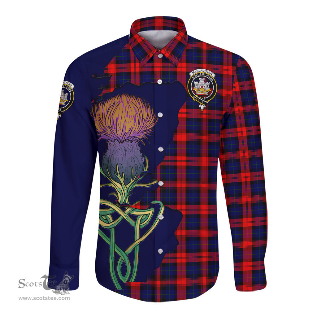 Scottish MacLachlan Modern Clan Tartan Crest with Thistle and Scotland Map Tartan Long Sleeve Shirt Scottish Plaid Tartan Plaid - ScotsTee - scotstee.com