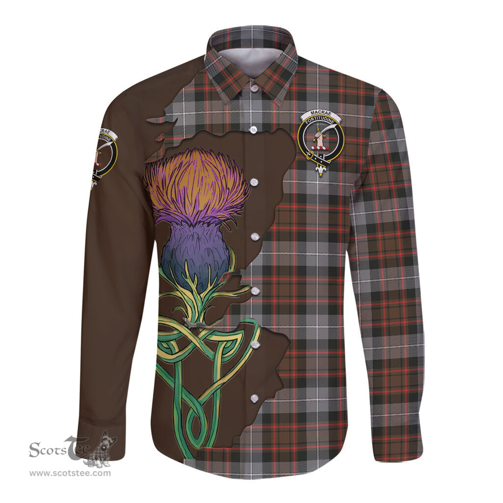 Scottish MacRae Hunting Weathered Clan Tartan Crest with Thistle and Scotland Map Tartan Long Sleeve Shirt Scottish Plaid Tartan Plaid - ScotsTee - scotstee.com