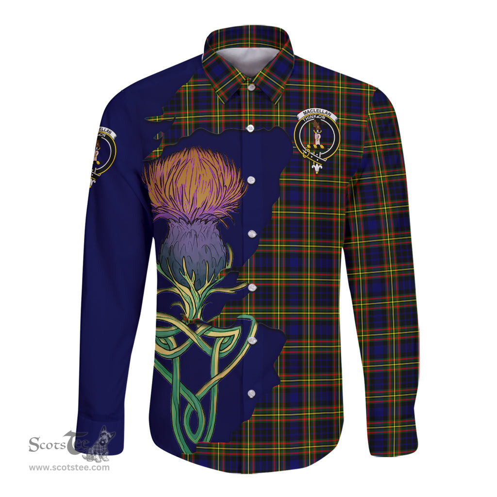 Scottish MacLellan Modern Clan Tartan Crest with Thistle and Scotland Map Tartan Long Sleeve Shirt Scottish Plaid Tartan Plaid - ScotsTee - scotstee.com