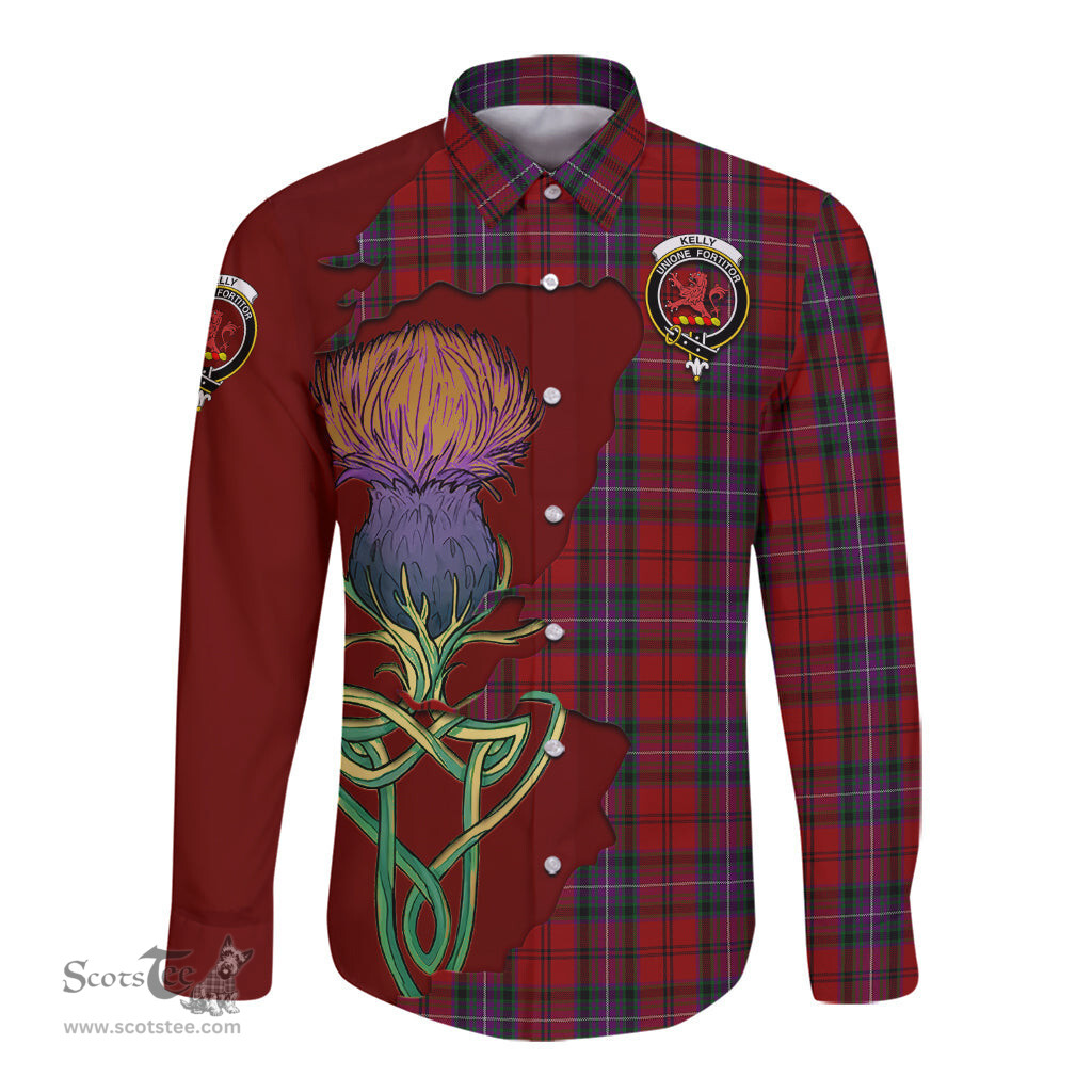 Scottish Kelly of Sleat Red Clan Tartan Crest with Thistle and Scotland Map Tartan Long Sleeve Shirt Scottish Plaid Tartan Plaid - ScotsTee - scotstee.com