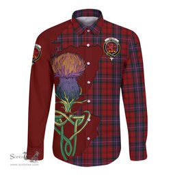 Scottish Kelly of Sleat Red Clan Tartan Crest with Thistle and Scotland Map Tartan Long Sleeve Shirt Scottish Plaid Tartan Plaid - ScotsTee - scotstee.com