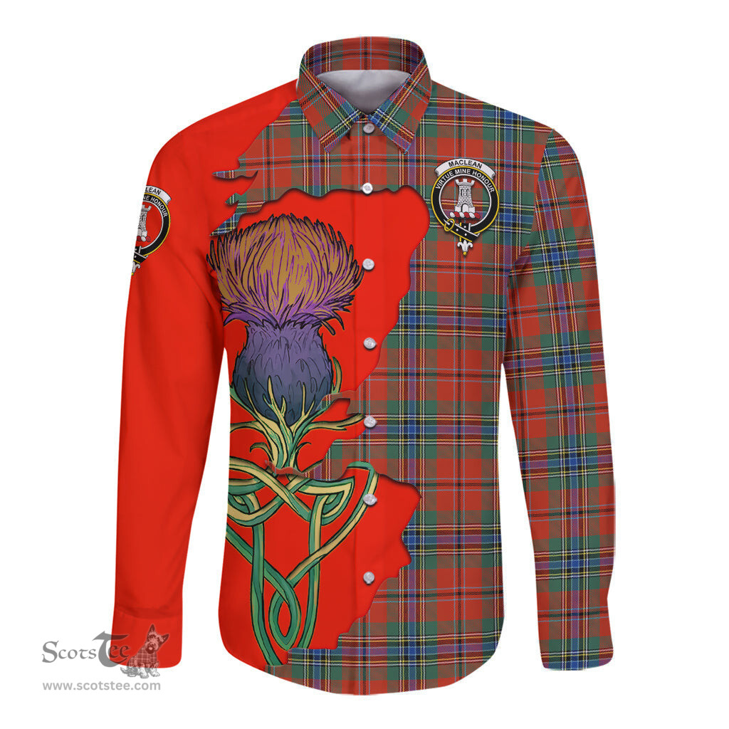 Scottish MacLean of Duart Ancient Clan Tartan Crest with Thistle and Scotland Map Tartan Long Sleeve Shirt Scottish Plaid Tartan Plaid - ScotsTee - scotstee.com