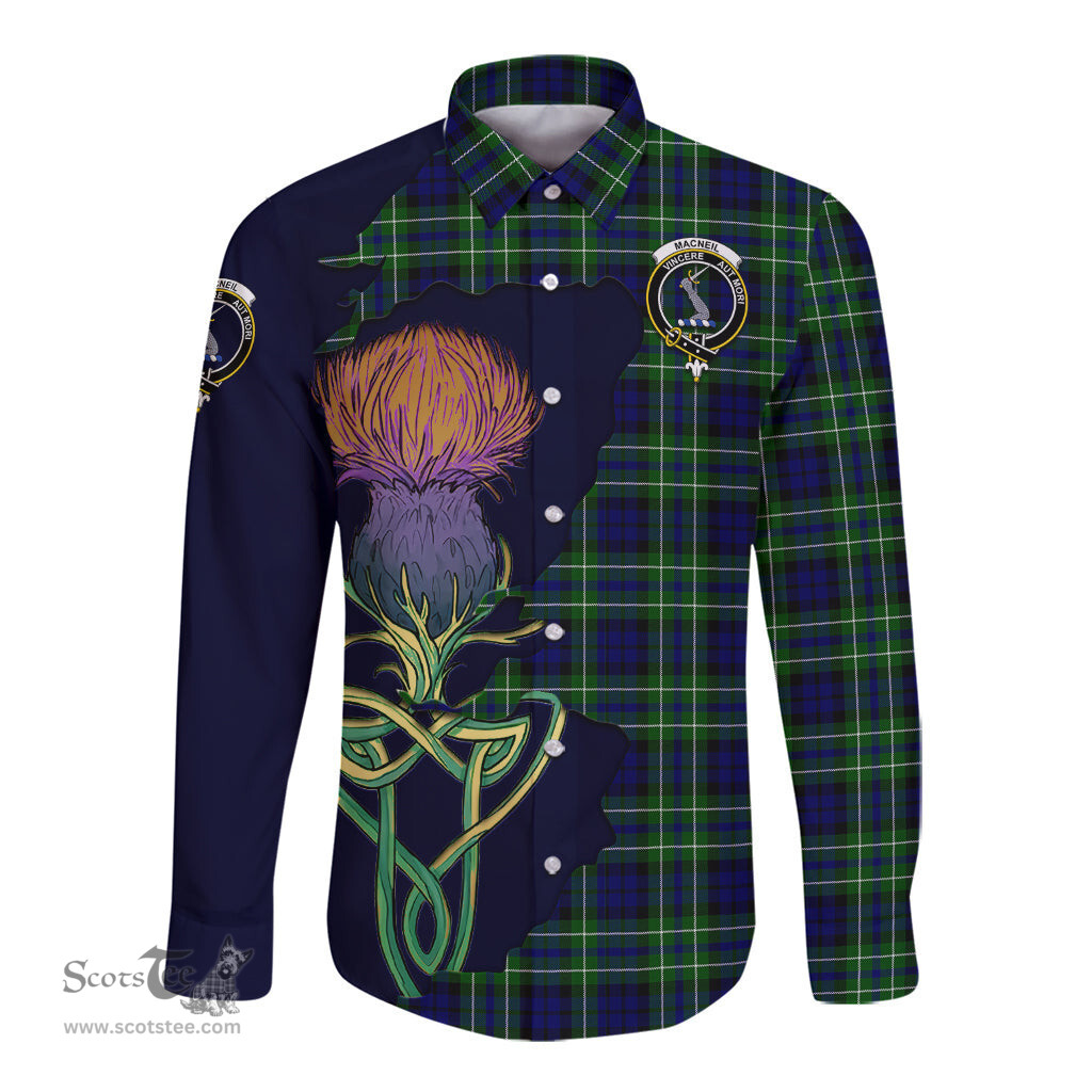Scottish MacNeil of Colonsay Modern Clan Tartan Crest with Thistle and Scotland Map Tartan Long Sleeve Shirt Scottish Plaid Tartan Plaid - ScotsTee - scotstee.com