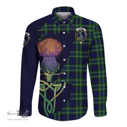 Scottish MacNeil of Colonsay Modern Clan Tartan Crest with Thistle and Scotland Map Tartan Long Sleeve Shirt Scottish Plaid Tartan Plaid - ScotsTee - scotstee.com