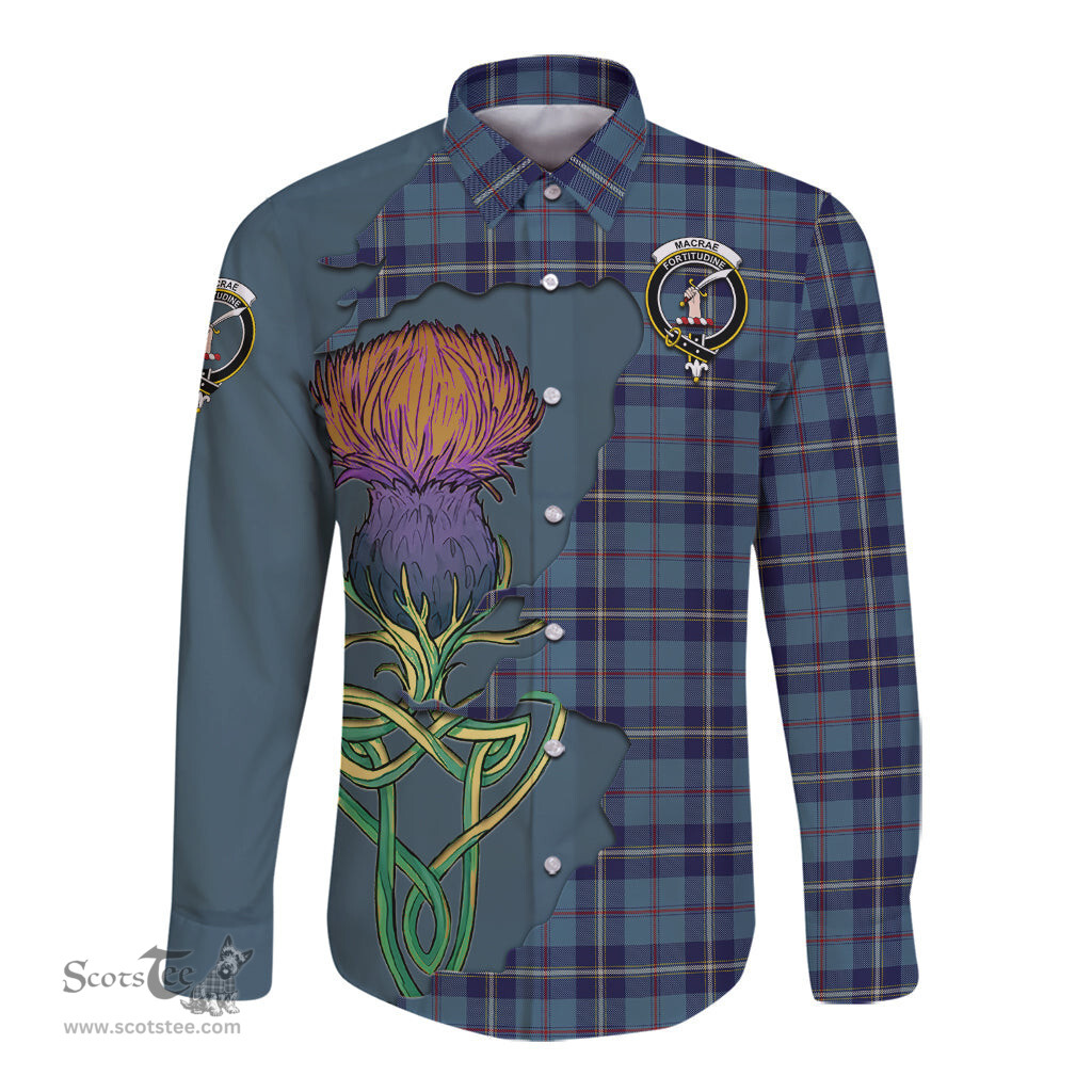 Scottish MacRaes of America Clan Tartan Crest with Thistle and Scotland Map Tartan Long Sleeve Shirt Scottish Plaid Tartan Plaid - ScotsTee - scotstee.com