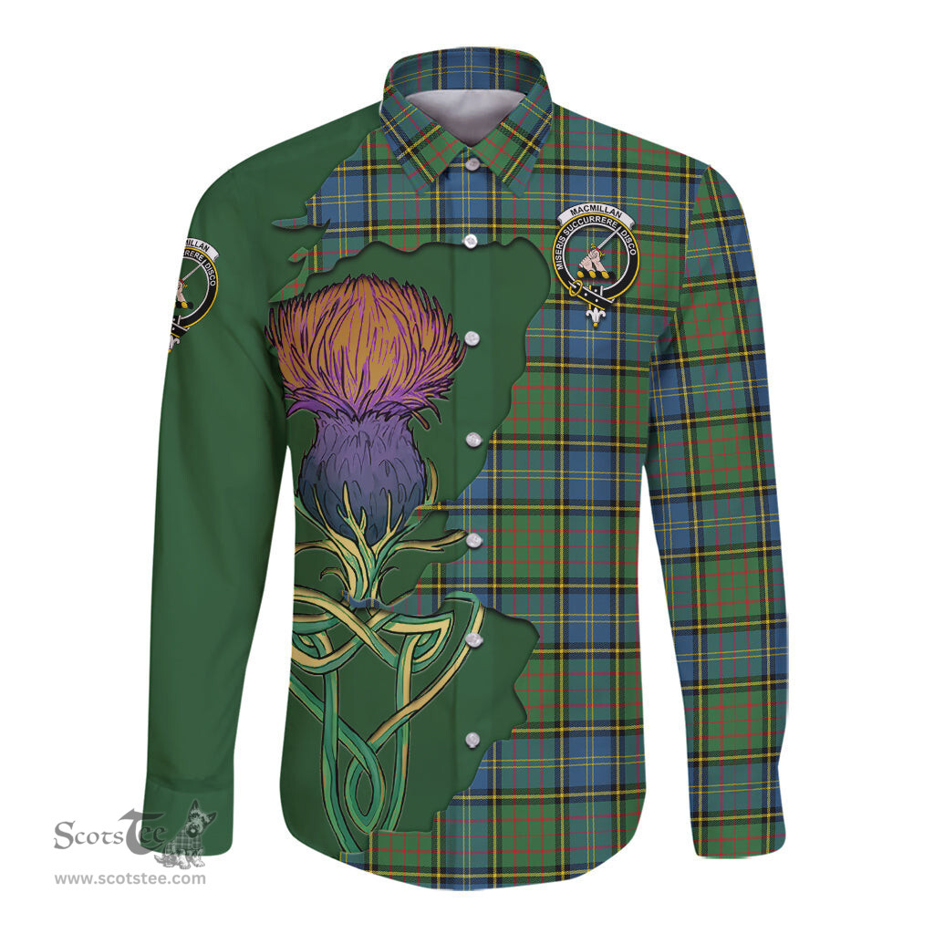 Scottish MacMillan Hunting Ancient Clan Tartan Crest with Thistle and Scotland Map Tartan Long Sleeve Shirt Scottish Plaid Tartan Plaid - ScotsTee - scotstee.com