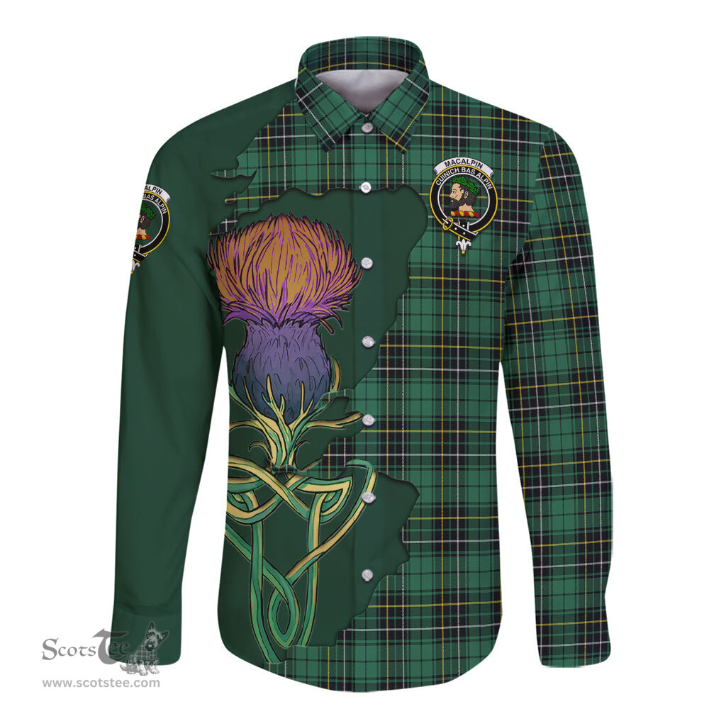 Scottish MacAlpin Ancient Clan Tartan Crest with Thistle and Scotland Map Tartan Long Sleeve Shirt Scottish Plaid Tartan Plaid - ScotsTee - scotstee.com