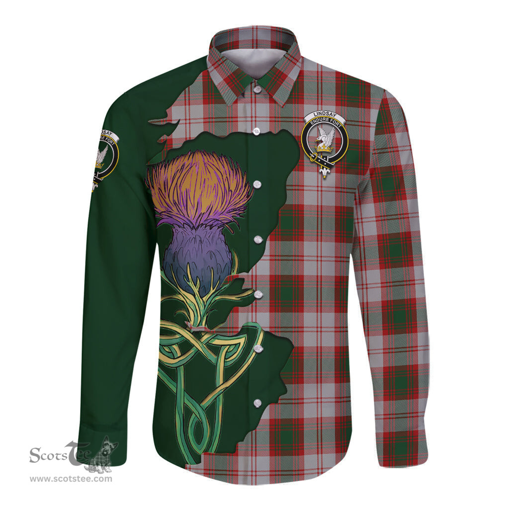 Scottish Lindsay Dress Red Clan Tartan Crest with Thistle and Scotland Map Tartan Long Sleeve Shirt Scottish Plaid Tartan Plaid - ScotsTee - scotstee.com