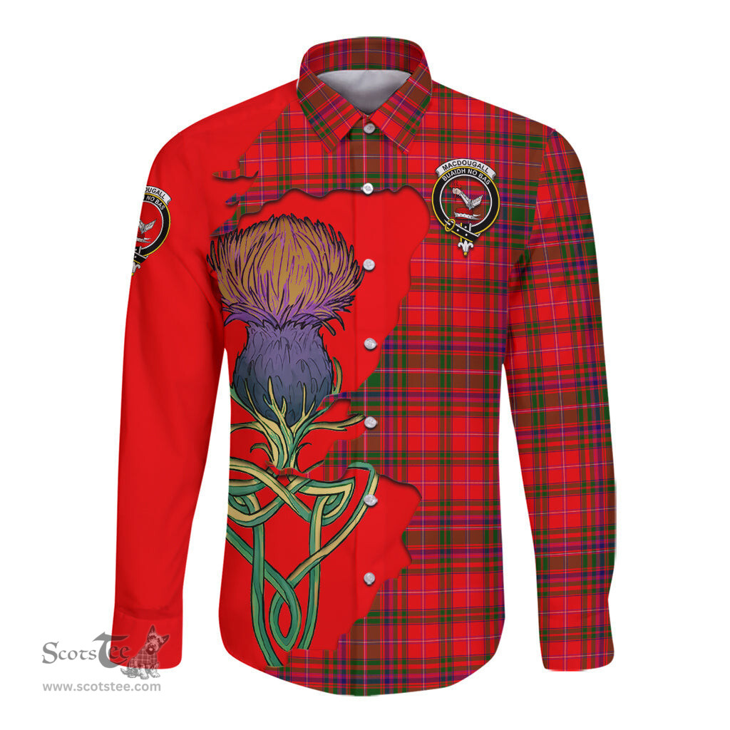 Scottish MacDougall Modern Clan Tartan Crest with Thistle and Scotland Map Tartan Long Sleeve Shirt Scottish Plaid Tartan Plaid - ScotsTee - scotstee.com