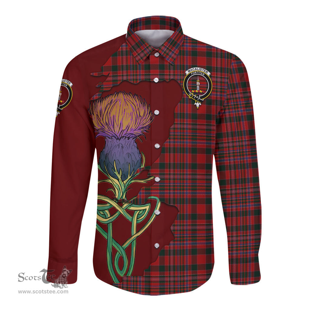 Scottish MacAlister Clan Tartan Crest with Thistle and Scotland Map Tartan Long Sleeve Shirt Scottish Plaid Tartan Plaid - ScotsTee - scotstee.com