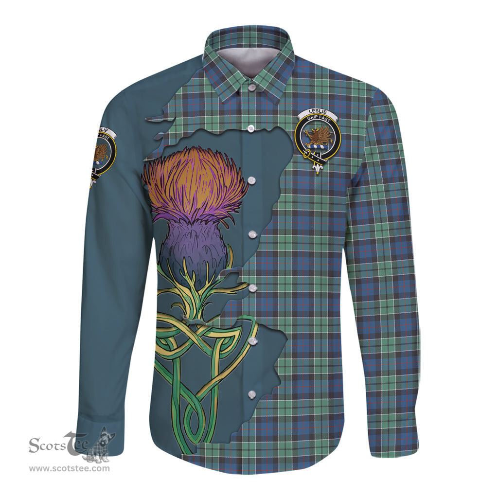 Scottish Leslie Hunting Ancient Clan Tartan Crest with Thistle and Scotland Map Tartan Long Sleeve Shirt Scottish Plaid Tartan Plaid - ScotsTee - scotstee.com