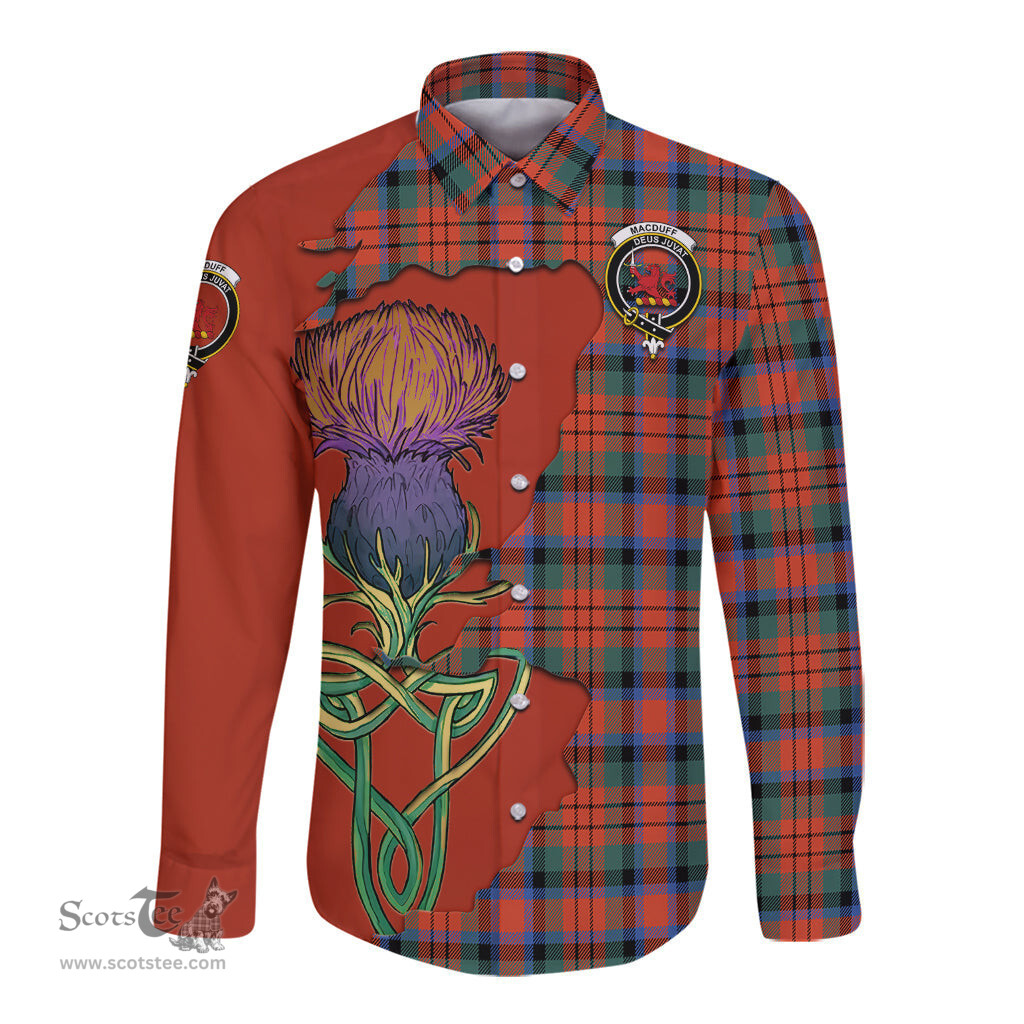 Scottish MacDuff Ancient Clan Tartan Crest with Thistle and Scotland Map Tartan Long Sleeve Shirt Scottish Plaid Tartan Plaid - ScotsTee - scotstee.com