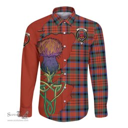 Scottish MacDuff Ancient Clan Tartan Crest with Thistle and Scotland Map Tartan Long Sleeve Shirt Scottish Plaid Tartan Plaid - ScotsTee - scotstee.com