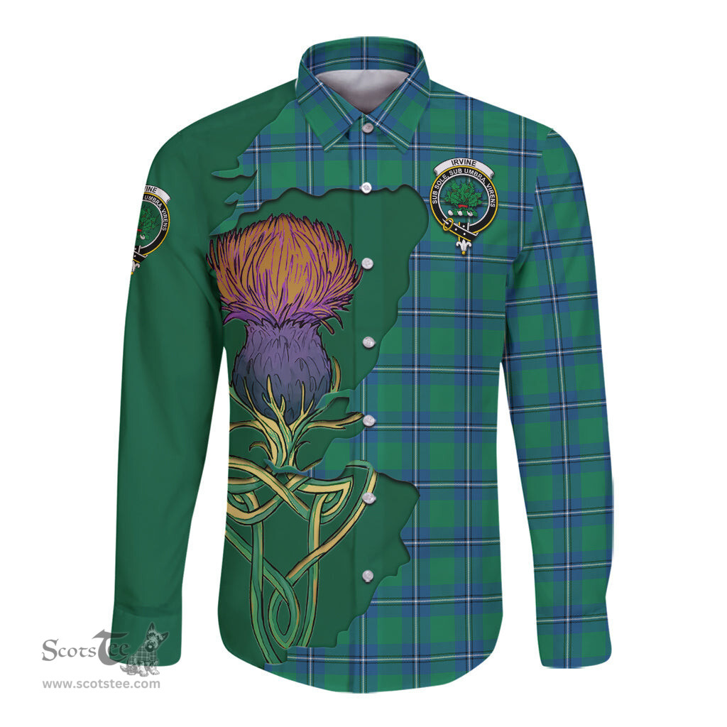 Scottish Irvine Ancient Clan Tartan Crest with Thistle and Scotland Map Tartan Long Sleeve Shirt Scottish Plaid Tartan Plaid - ScotsTee - scotstee.com