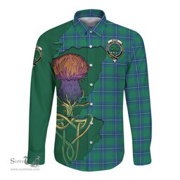 Scottish Irvine Ancient Clan Tartan Crest with Thistle and Scotland Map Tartan Long Sleeve Shirt Scottish Plaid Tartan Plaid - ScotsTee - scotstee.com